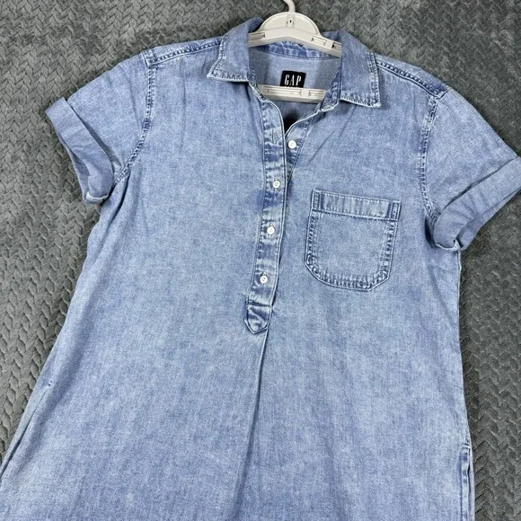 Gap Women's Denim Shirt Dress Small Cotton Pockets Short Sleeved Relaxed Fit - Picture 2 of 11